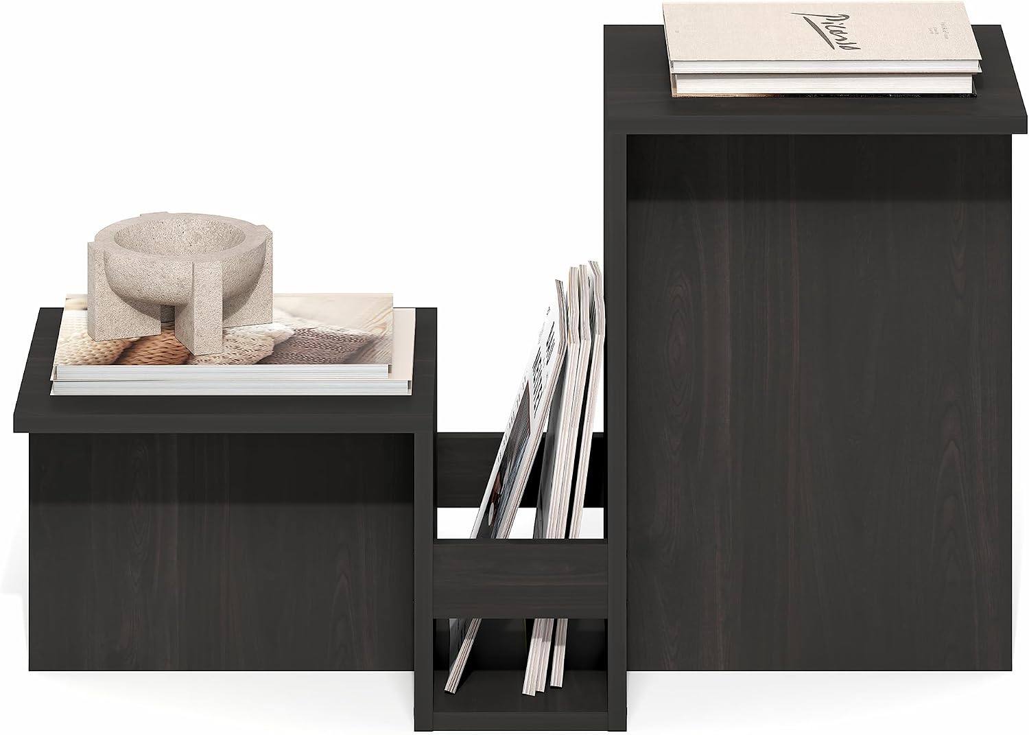 Furinno BOYATE Side Table, Valley Shaped End Table, with Tiered Levels and Magazine Rack, for Living Room, Espresso