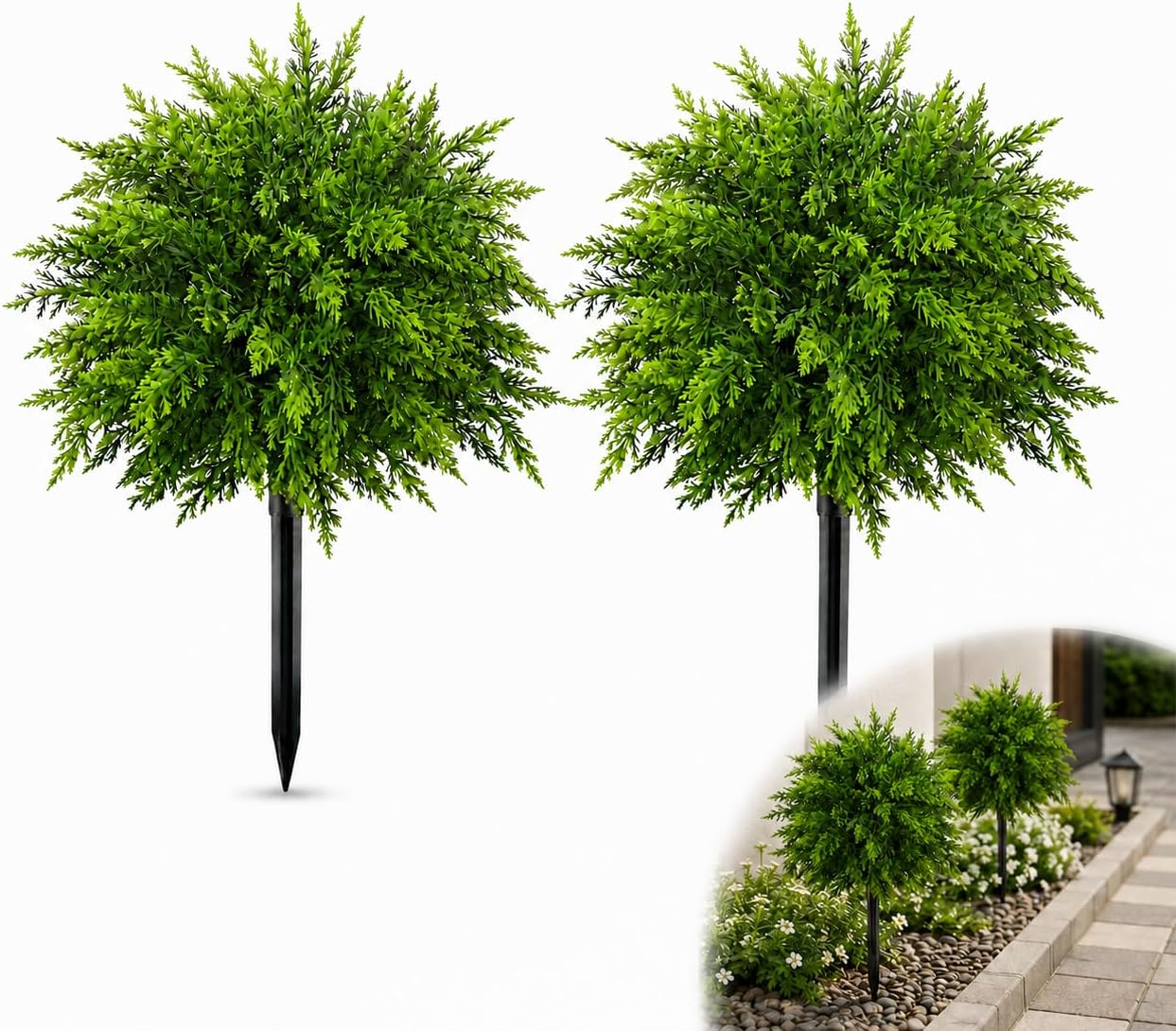 Artificial Plants Outdoor, Topiary Trees Artificial Outdoor with Ground Spikes, 2 Pack UV Resistant Fake Bushes for Planters, Front Porch Patio Garden Decor