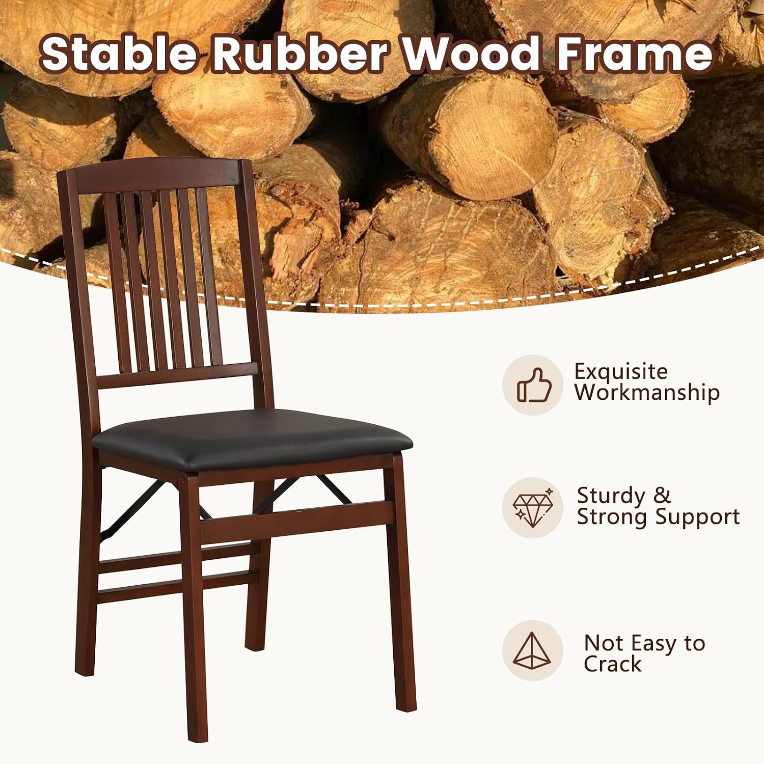 POWERSTONE Folding Dining Chairs Set of 4, Space Saving Foldable Kitchen Chairs with Padded Seat, Slatted Backrest, Solid Wood Frame, No Assembly for Dining Room Apartment Small Spaces