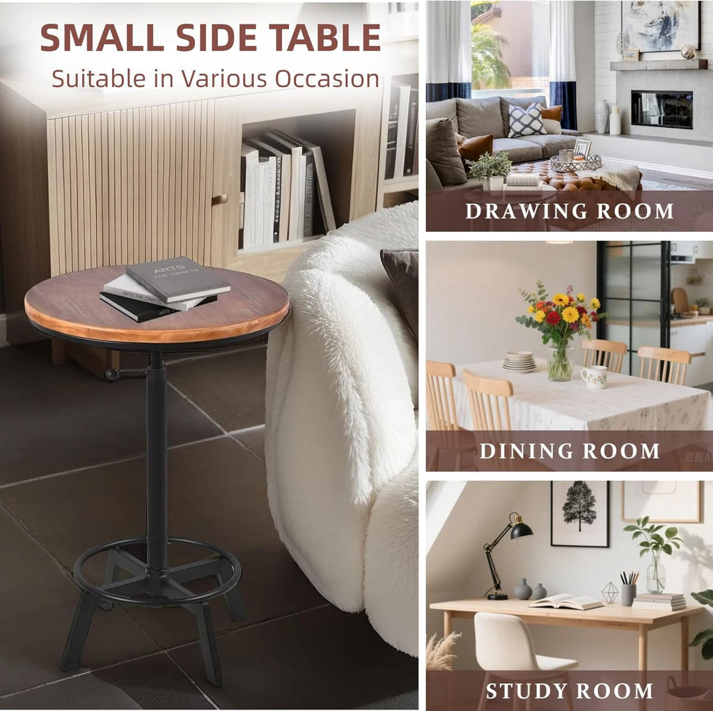 Vintage Bar Table 30-35.4inch Height Adjustable Industrial Bistro Table Retro Dinning Table for Kitchen Coffee House Pub Swivel Wooden Top