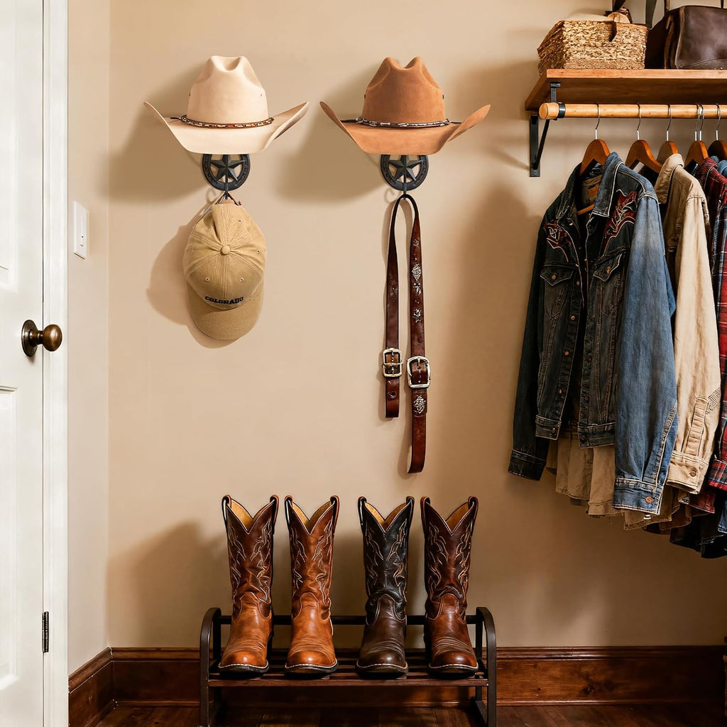 Cowboy Hat Holder for Wall 2 Pack Metal Iron Cowboy Hat Rack Western Hat Hanger Horseshoe Hooks Storage Cowboy Hat Organizer Display Closet Living Room Western Gifts Wall Decor Black