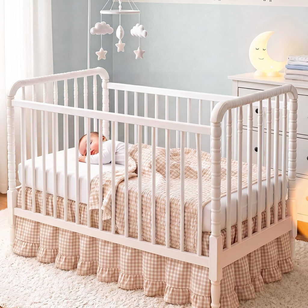 Gingham Crib Skirt Dust Ruffle 52 x 28 Inch 100% Washed Cotton Ruffle Plaid Baby Crib Bed Skirt Soft Farmhouse for Boys & Girls Nursery Bedding Decor, Fits Standard Cribs(Beige)