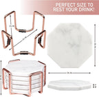 White Carrara Marble Coasters & Rose Gold Coaster Holder (Set of 5)- Durable, Thick Coasters - Protects Any Table Type & Fits Any Coffee Mug, Drinking Glass, Barware - Great Wedding