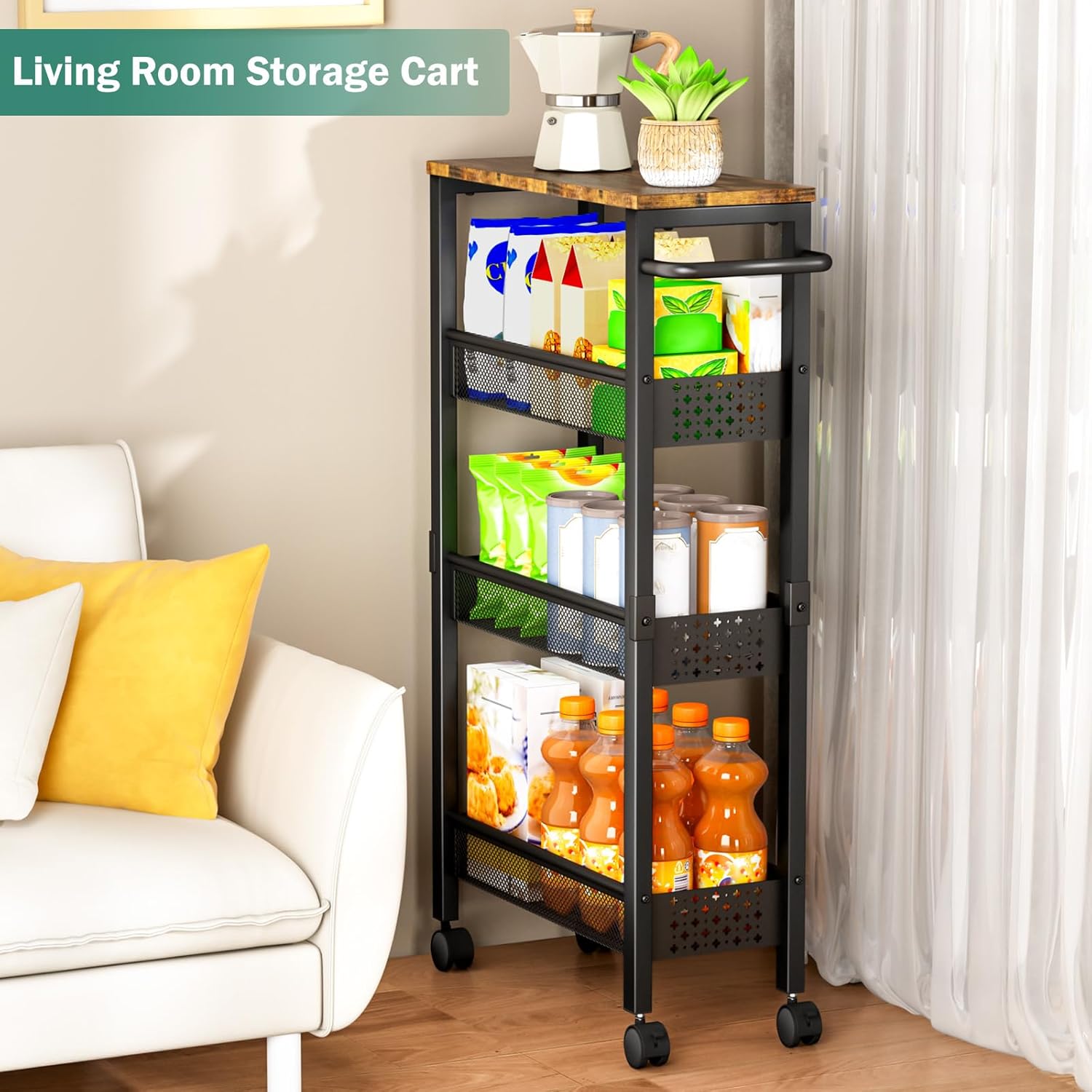 Vivihomety Utility Slim Storage Cart with Wheels, 4 Tier Small Rolling Cart with Wood Top, Metal Kitchen Bathroom Laundry Room Organization Trolley with Handle for Narrow Space – Black