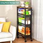 Vivihomety Utility Slim Storage Cart with Wheels, 4 Tier Small Rolling Cart with Wood Top, Metal Kitchen Bathroom Laundry Room Organization Trolley with Handle for Narrow Space – Black