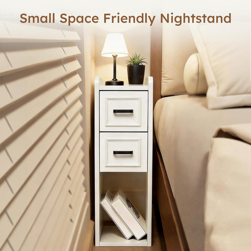 Narrow White Nightstand, Wood Slim Bedside Tables for Small Bedroom, Modern End Table with Drawers, Perfect for Apartments, Rente