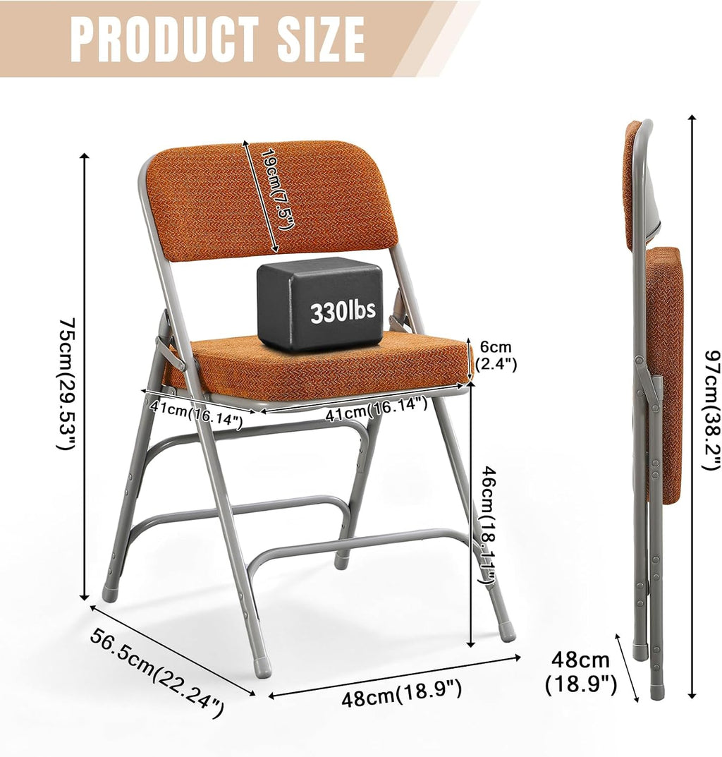 Folding Chair with Thick Cushioned Seat, Padded Metal Frame Foldable Chairs for Home Office Party Wedding Indoor Outdoor Use, Heavy Duty Comfortable Portable Dining Chairs, 1 Pack, Tawny