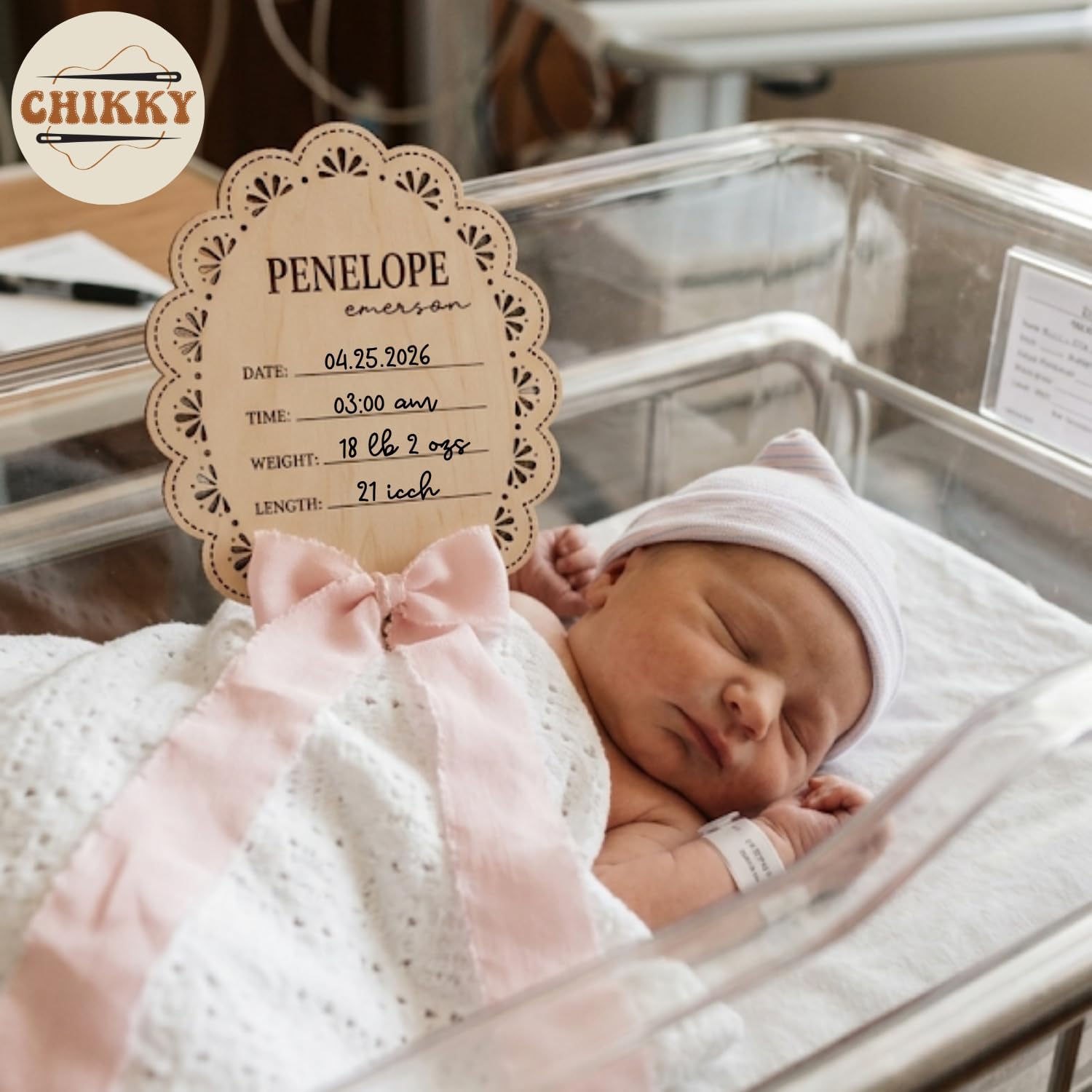 Personalized Wooden Baby Announcement Sign with Chiffon Bow - Custom Birth Stats Name Plate for Newborn Hospital Photo Prop - Nursery Wall Decor & Keepsake - 5, 6, 8, 10 Inch (05 - scalloped lace)