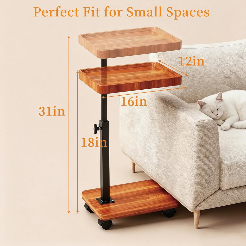 Adjustable Height Side Table with Wheels, 360° Swivel End Table for Small Spaces, 16x12 Inch Waterproof TV Tray for Living Room, Bedroom, Couch, Bedside（Light Walnut）