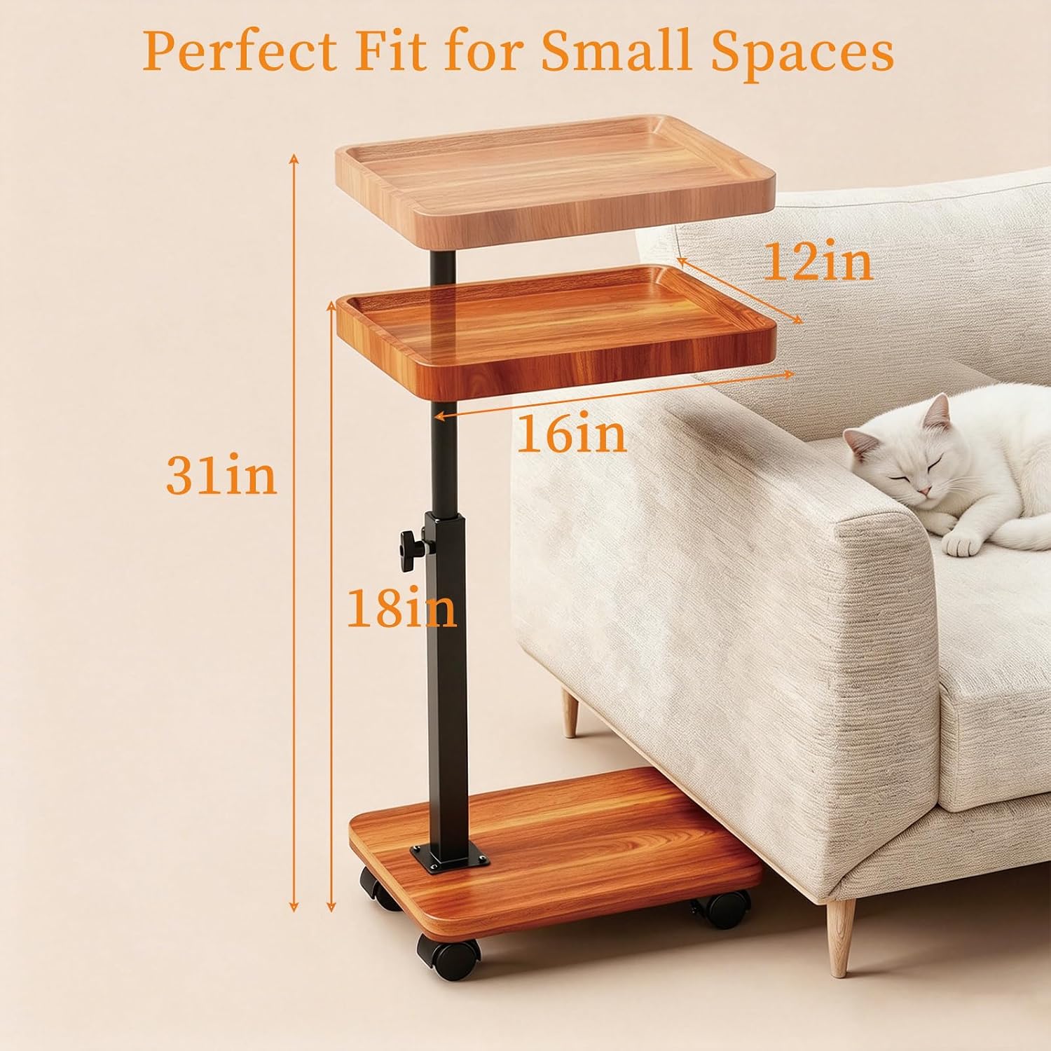 Adjustable Height Side Table with Wheels, 360° Swivel End Table for Small Spaces, 16x12 Inch Waterproof TV Tray for Living Room, Bedroom, Couch, Bedside（Light Walnut）