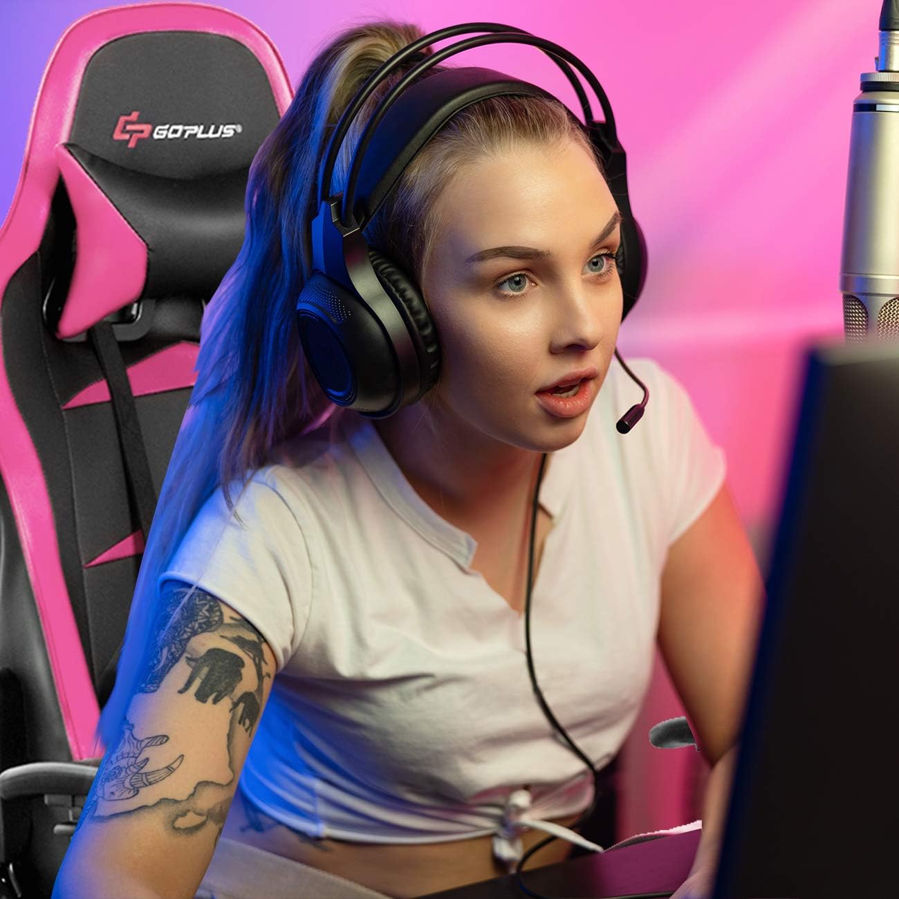 POWERSTONE Gaming Chair - Pink Ergonomic Gaming Chair with Footrest for Women Racing Esports Computer Chair High-Back Lumbar Massage Leather Recliner Rolling Swivel Chair (Pink)