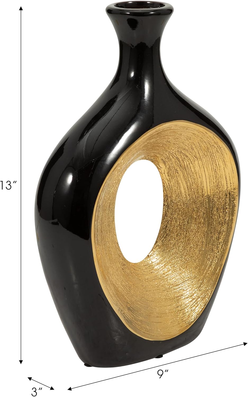 Ceramic Vase - Decorative Flower Holder for Table Decor and Centerpieces, Living Room, Office, or Entry Console, Modern Home Decor, Hollow Centerpiece Sculpture – 13", Black and Gold Finish