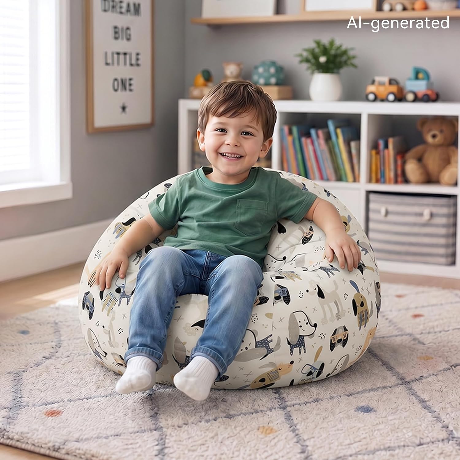 Bean Bag Chair for Kids/Teens with Armrests,2.5FT Round Memory Foam Filled Bean Bag,31.5'D'×31.5'W'×20'H',for Bedroom,Living Room,Reading,Dorm (Chenille-Cartoon)