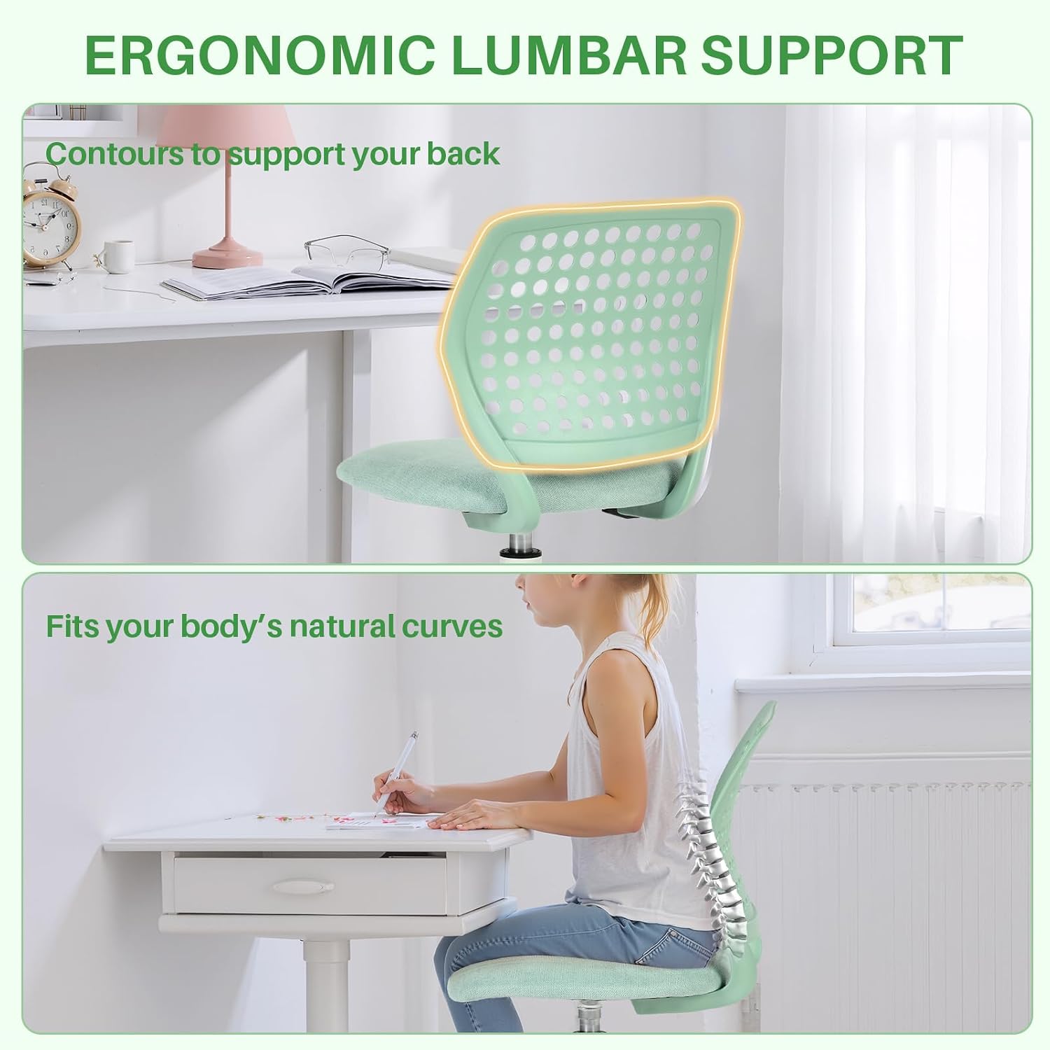 FurnitureR Armless Desk Chair with Wheels, Ergonomic Adjustable Height Swivel Task Chair with Breathable Back and Padded Seat, Rolling Study Computer Seating for Kids Teens, Mint Green