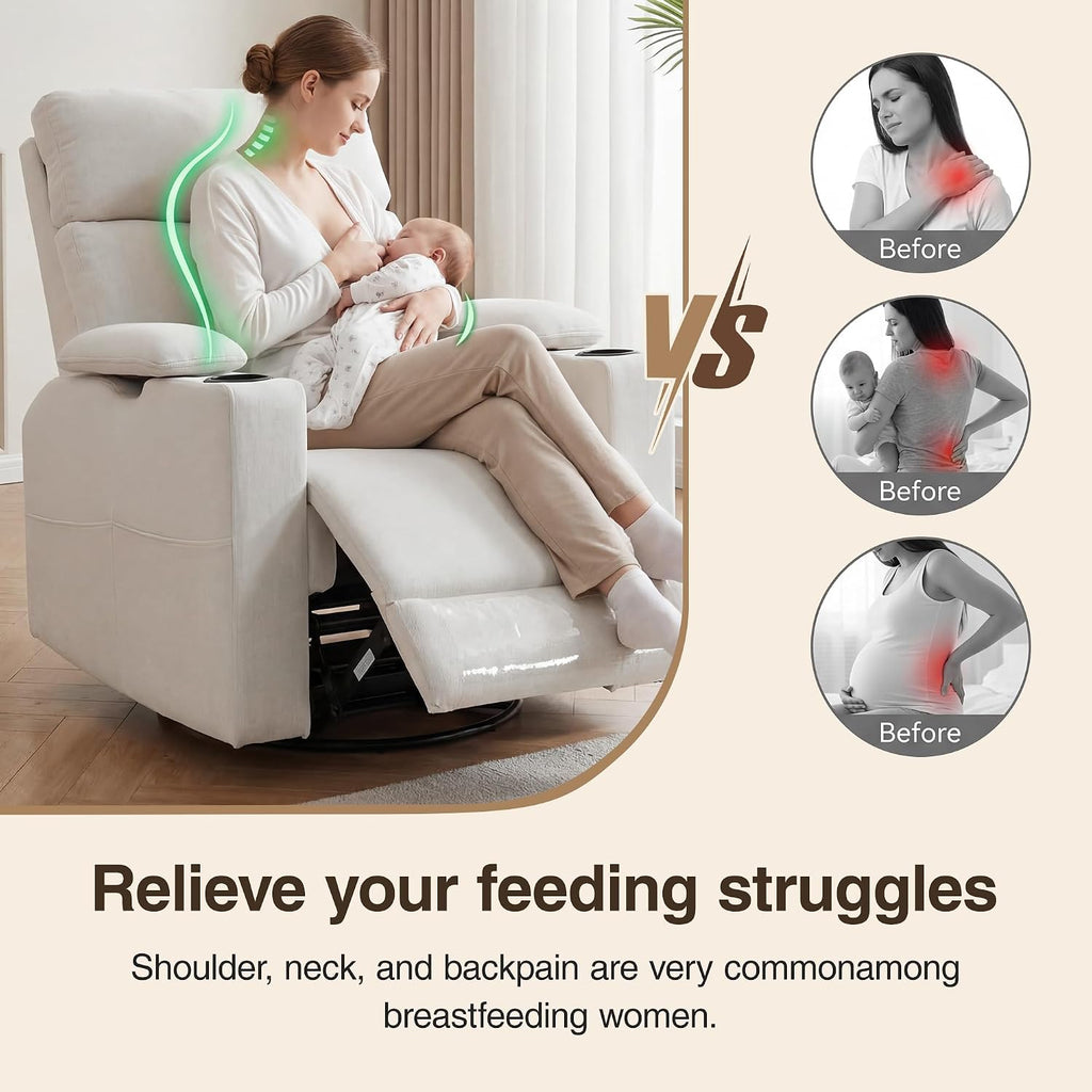 FiveWillowise 360° Rocker Recliner Chair with Adjustable Armrest&Headrest | Oversized Manual Nursery Glider with Cup Holder,Swivel Rocking Chairs for Breastfeeding,Living Room,Bedroom,Beige
