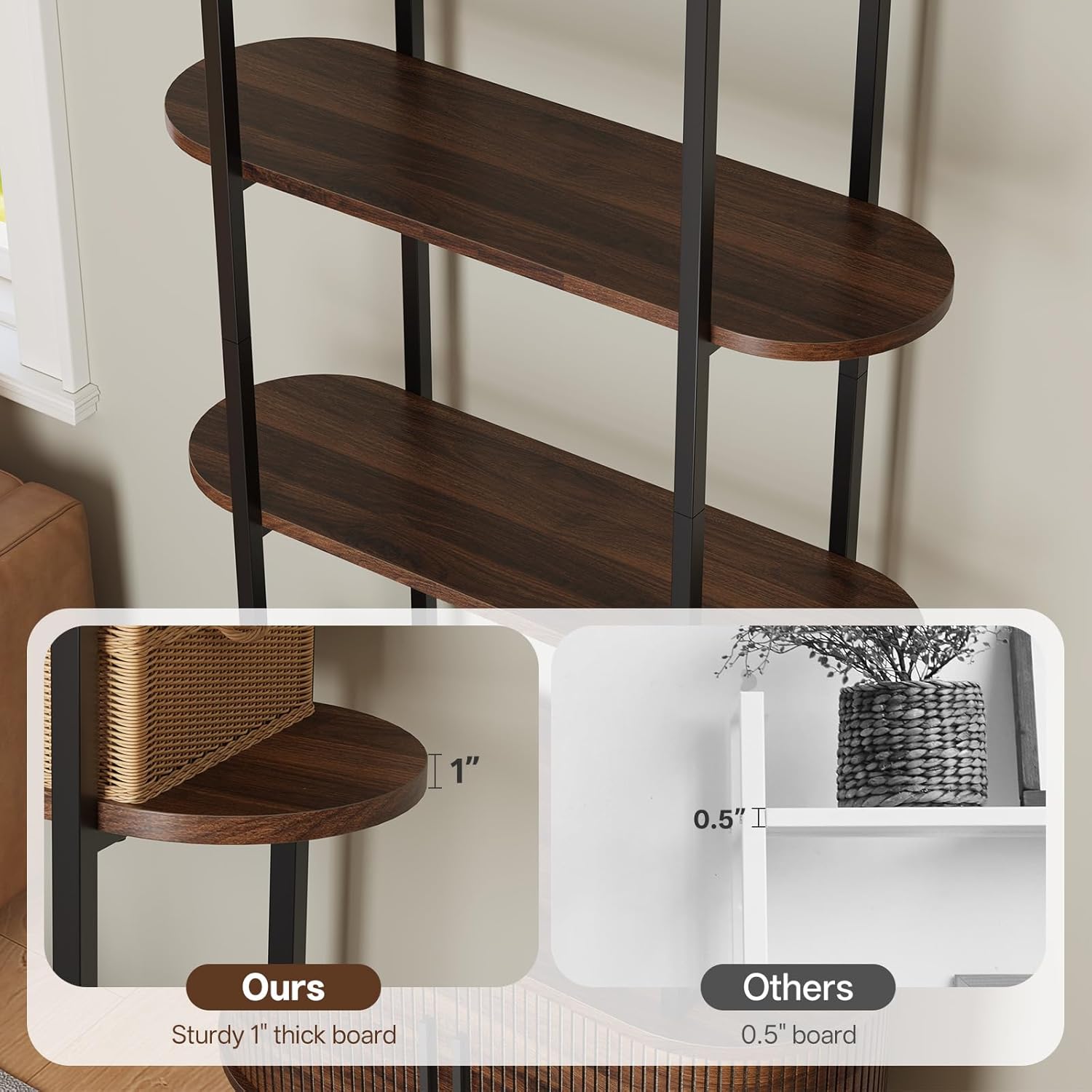 Airynee 69'' Tall Bookshelf, 4-Tier Fluted Bookshelf, Storage Cabinet with Sliding Tambour Doors, Modern Bookcase with Adjustable Footpad & Metal Frame, for Living Room Home Office, Walnut