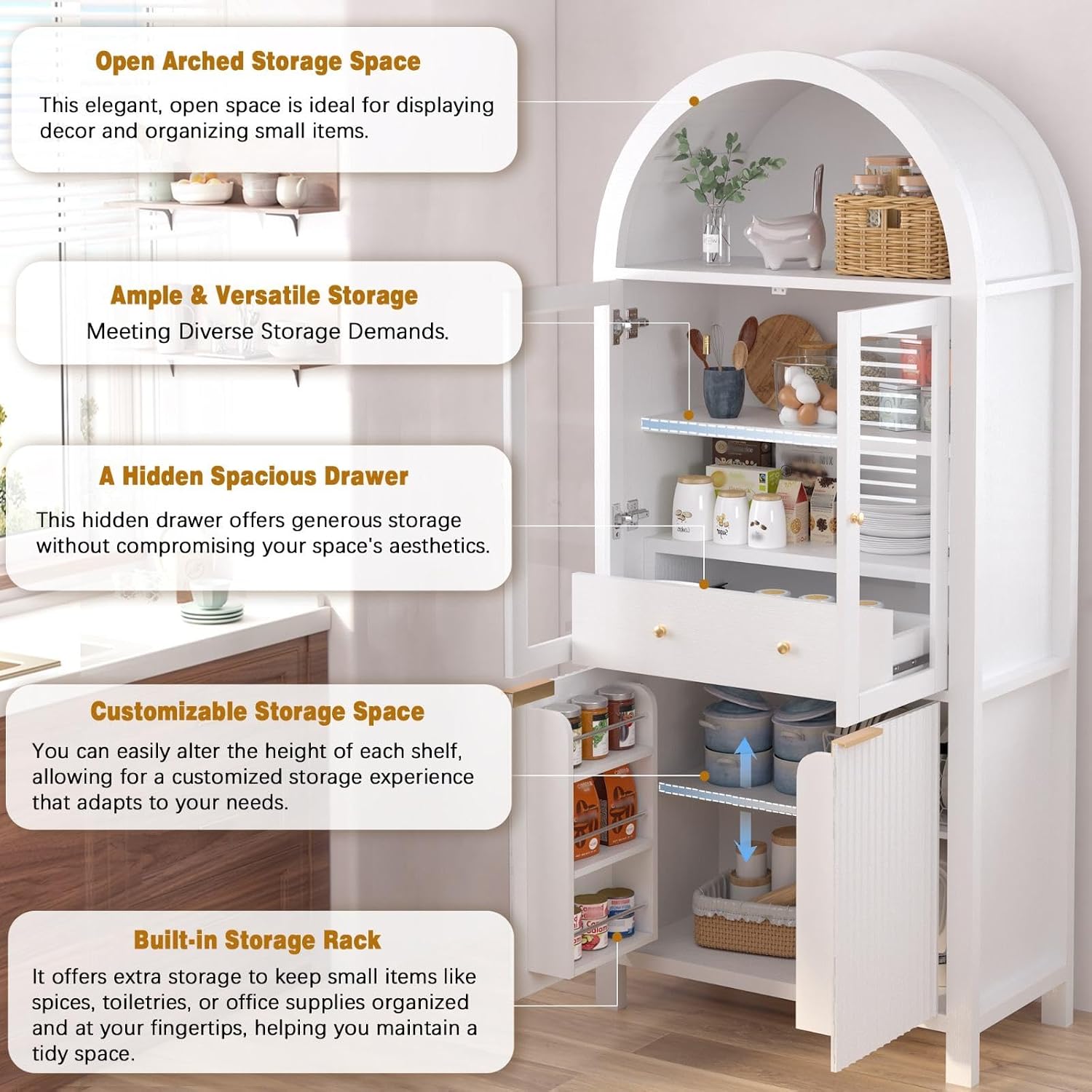 71" Tall Arched Pantry Cabinet with Adjustable Shelves, Kitchen Storage with Glass Doors, Modern Fluted Cabinet with Drawer, Display Unit for Kitchen, Dining Room