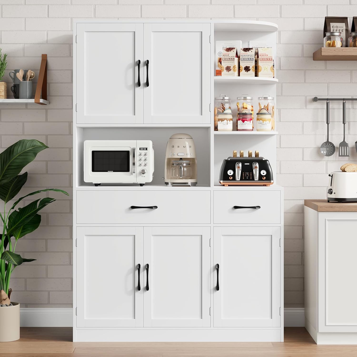 BOTLOG 67" Kitchen Pantry Cabinet, Modern Kitchen Hutch with 5 Doors and 2 Drawers, 3-Tier External Shelf, Large Pantry Storage Cabinet with Microwave Stand for Dining Room (White)