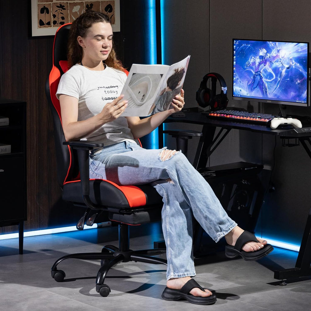 Gaming Chair with Footrest, Ergonomic PC Desk Chair with Headrest and Massage Lumbar Support, Video Game Chair with Height Adjustable High Back for Home Office, PU Leather, Red