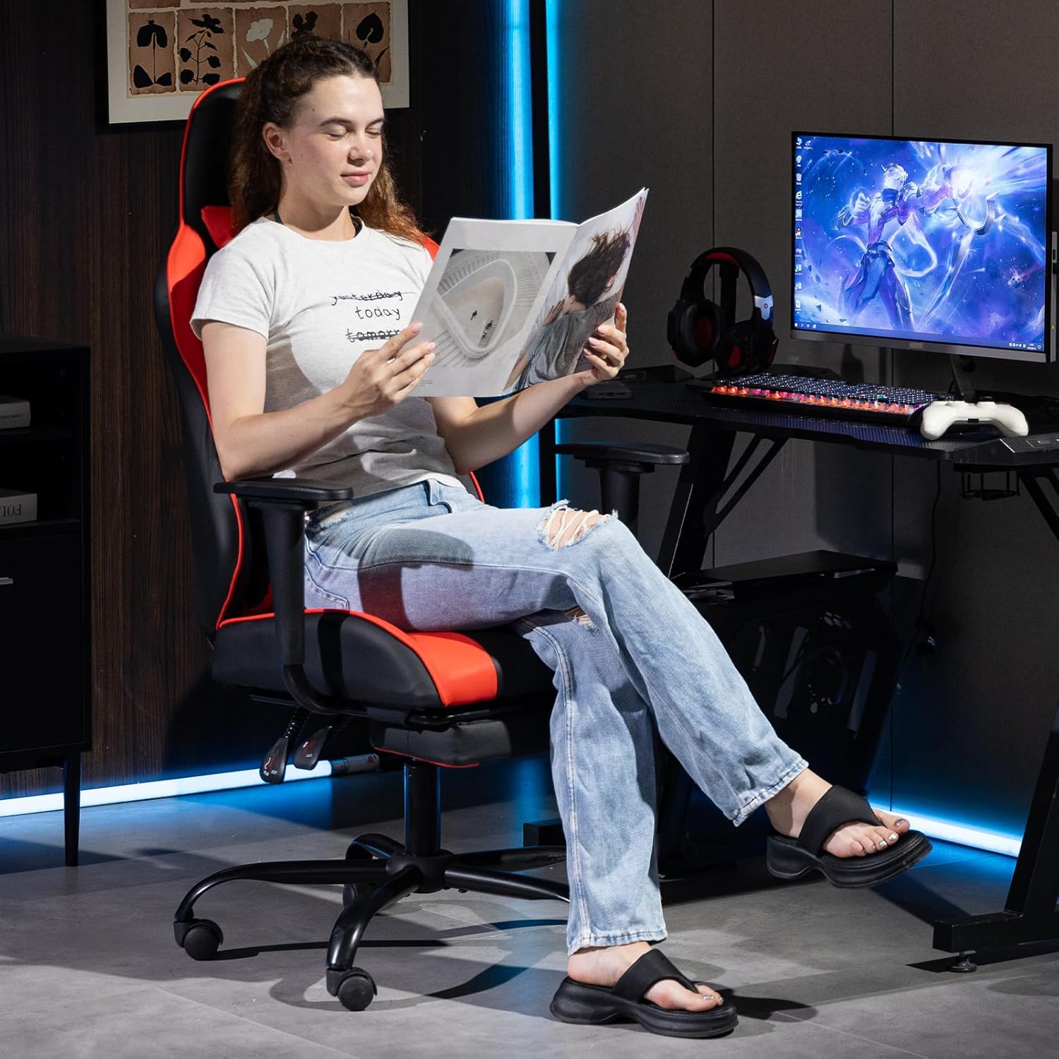 Gaming Chair with Footrest, Ergonomic PC Desk Chair with Headrest and Massage Lumbar Support, Video Game Chair with Height Adjustable High Back for Home Office, PU Leather, Red