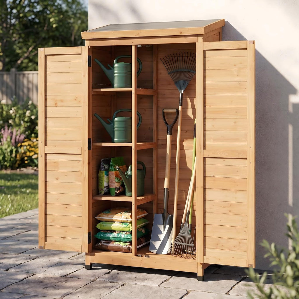 Outdoor Metal Top Wooden 3 Adjustable Shelves Storage Sheds Garden(Light Brown)
