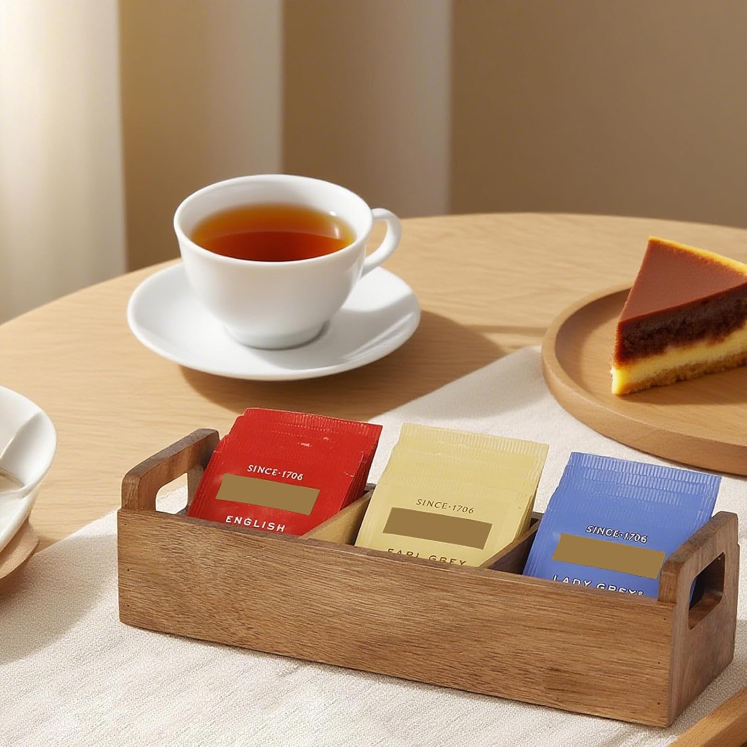 HTB Acacia Wood Small Tea Bag Box with 3 Compartments for Counter Drawer | Tea Bag Chest with Handle, Mini Countertop Divided Storage Container for Beverage Supplies, Sugar, Sweeteners