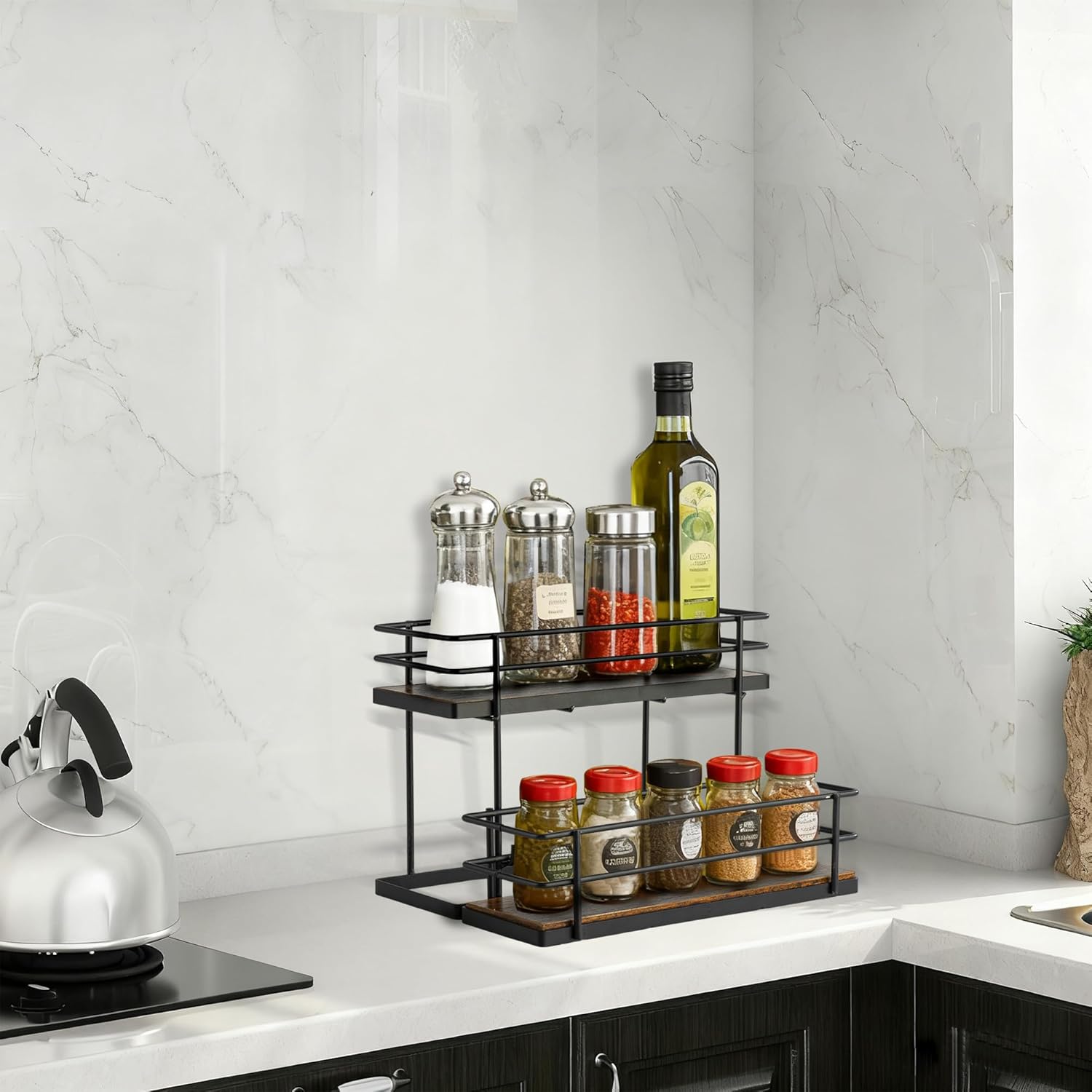 Coffee Syrup Organizer Rack, 2 Tier Syrup Holder for Coffee bar Syrup Storage,Kitchen Condiment Organization and Wine Display(6 Bottle Capacity).
