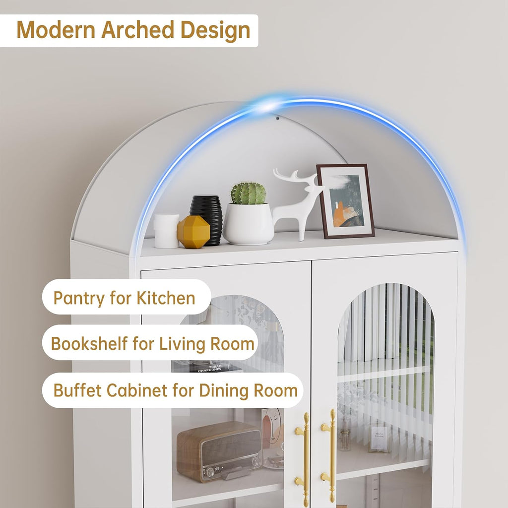 PAOFIN 73" Metal Tall Arched Kitchen Pantry Cabinet, Modern Farmhouse Kitchen Storage Cabinet with 3 Adjustable Shelves, White