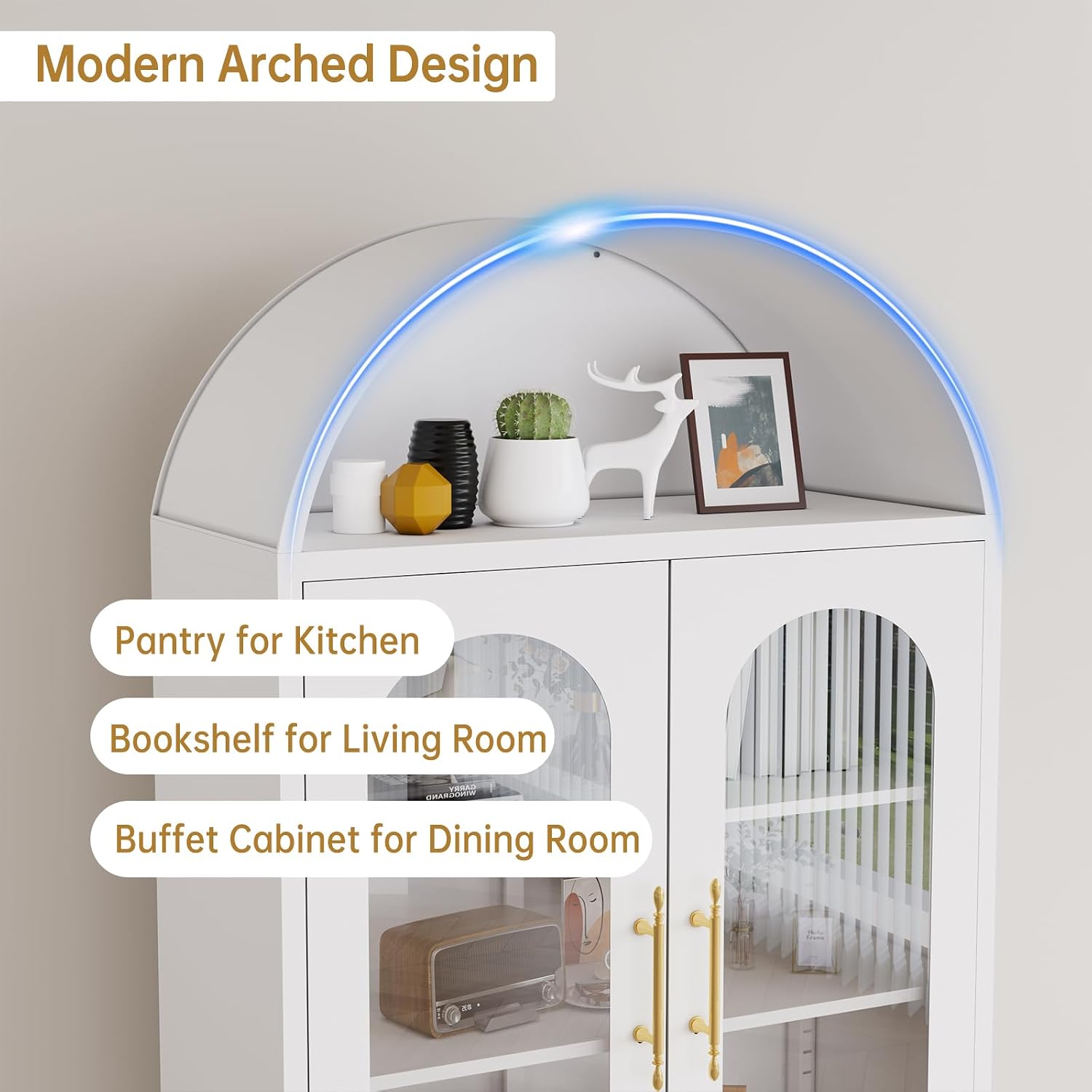 PAOFIN 73" Metal Tall Arched Kitchen Pantry Cabinet, Modern Farmhouse Kitchen Storage Cabinet with 3 Adjustable Shelves, White