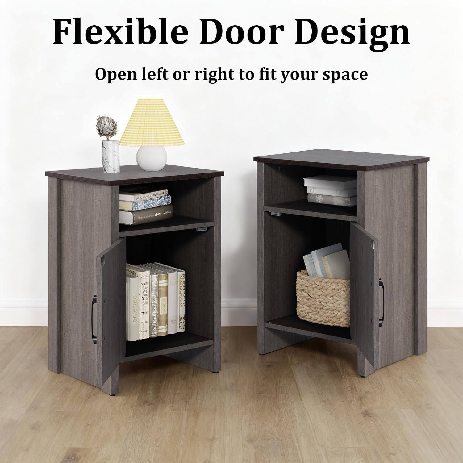 leovanni Farmhouse Nightstand Set of 2, Barn Door with Storage Shelf Rustic Wood Bedside Table, End Side Tables for Living Room, Bedroom, Office, Grey