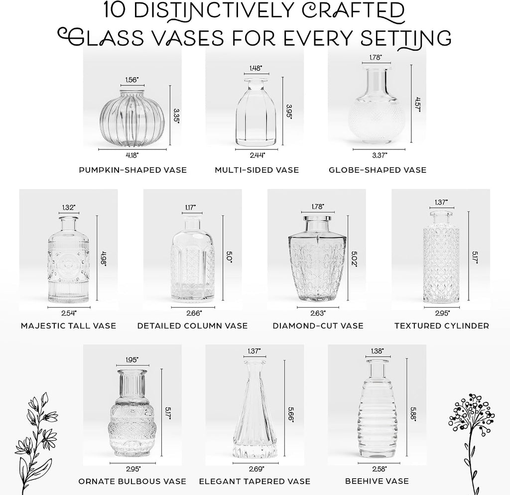 Gather & Bloom Creations Glass Bud Vases in Bulk – Set of 10 Mini Wedding Centerpiece Vases – Durable, Vintage-Inspired Clear Glass Vases for Flowers and Table Decor