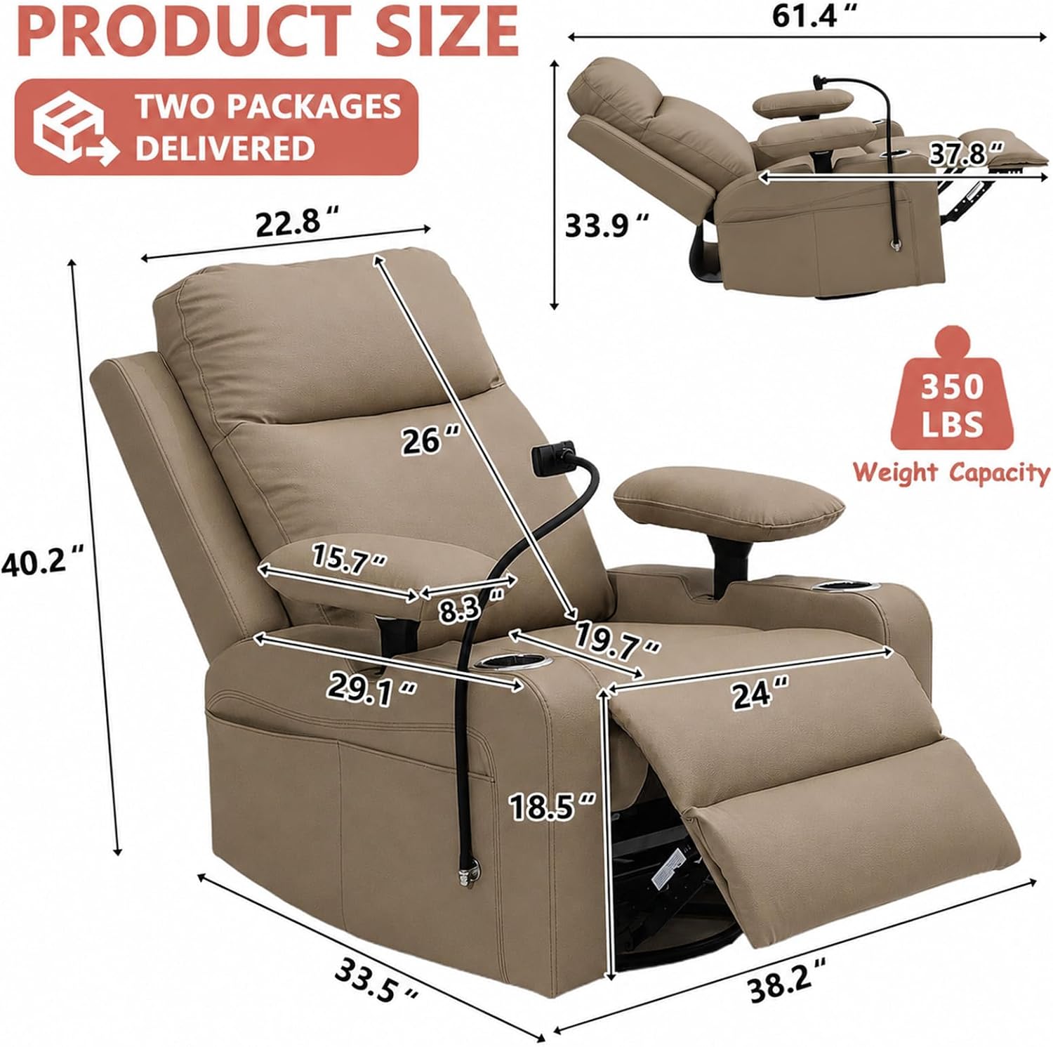 Power Glider Chair for Nursery Rocker, Electric Swivel Recliner Rocking Chair with Height-Adjustable Armrests, Rocker Glider Recliner with Cup & Blanket Holders, USB, Remote Control (Brown, 1)