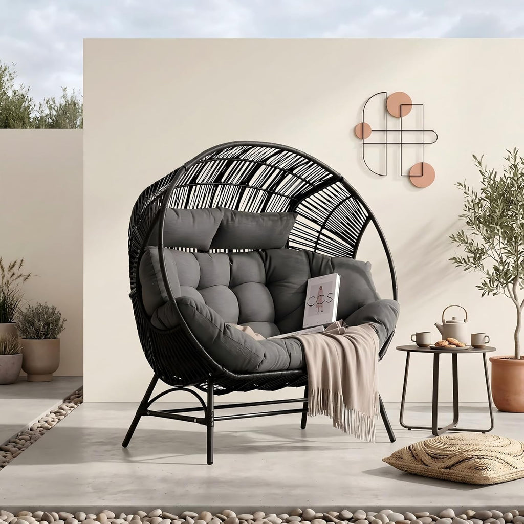 IRONCK Outdoor Round Egg Chair with Armrest, Double Lounge Chair with Cushions and Headrests, Wicker Egg Seat for Patio Backyard, Black