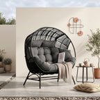 IRONCK Outdoor Round Egg Chair with Armrest, Double Lounge Chair with Cushions and Headrests, Wicker Egg Seat for Patio Backyard, Black