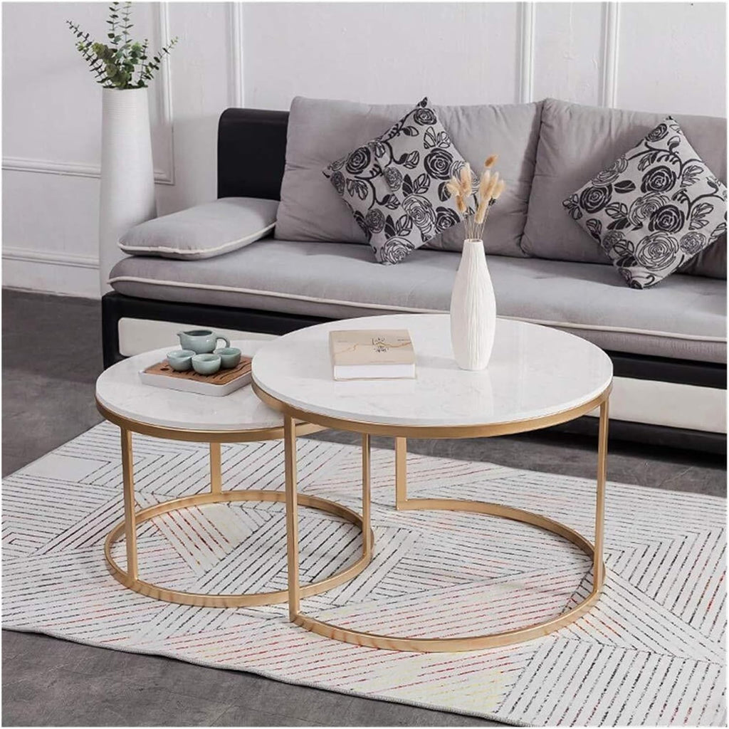 Nesting Tables，Gold Iron Base and White Marble Top Set of 2，70cm+55cm(80cm+60cm)