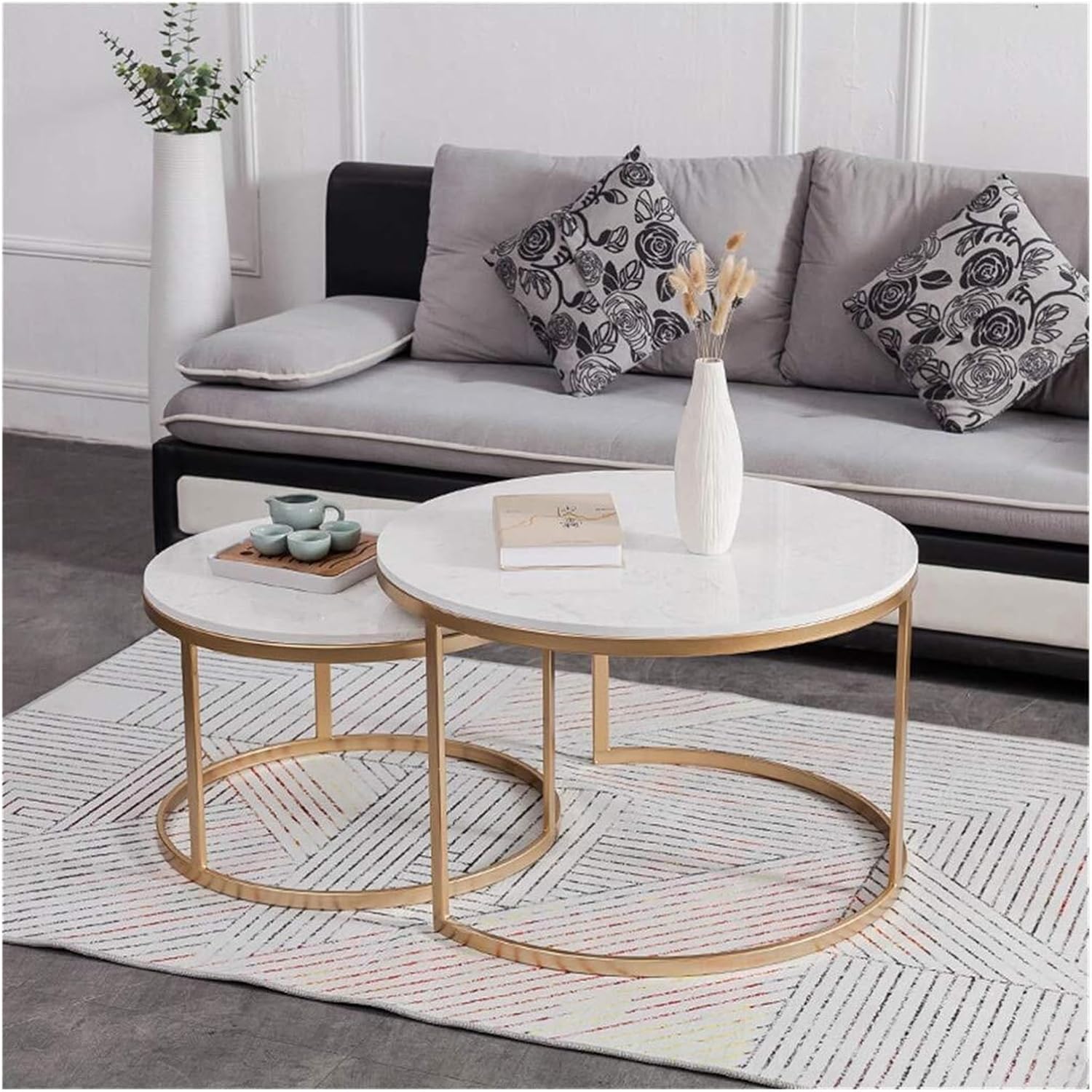 Nesting Tables，Gold Iron Base and White Marble Top Set of 2，70cm+55cm(80cm+60cm)