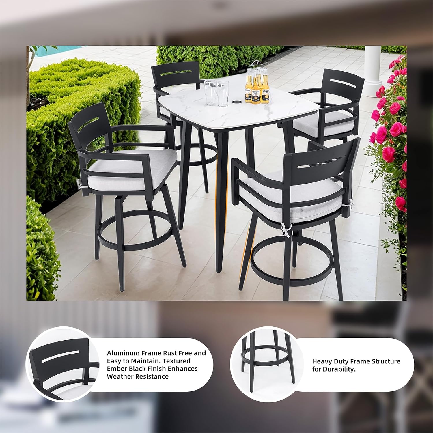 Modern Outdoor Bar Stools Set of 2 Swivel Patio Bar Chairs with 360° Rotation and Cushion with Sunbrella Fabric Weather-Resistant Aluminum Frame Patio Bar Stool for Deck Garden