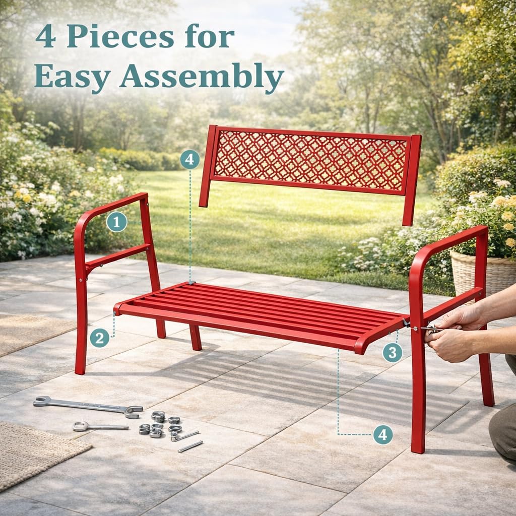 IDEALHOUSE Outdoor Metal Garden Bench 2 Person, 790 Lbs Heavy Duty Steel Patio Bench with Geometric Backrest, Weather Resistant Red Outdoor Seating for Porch, Yard, Deck, Entryway