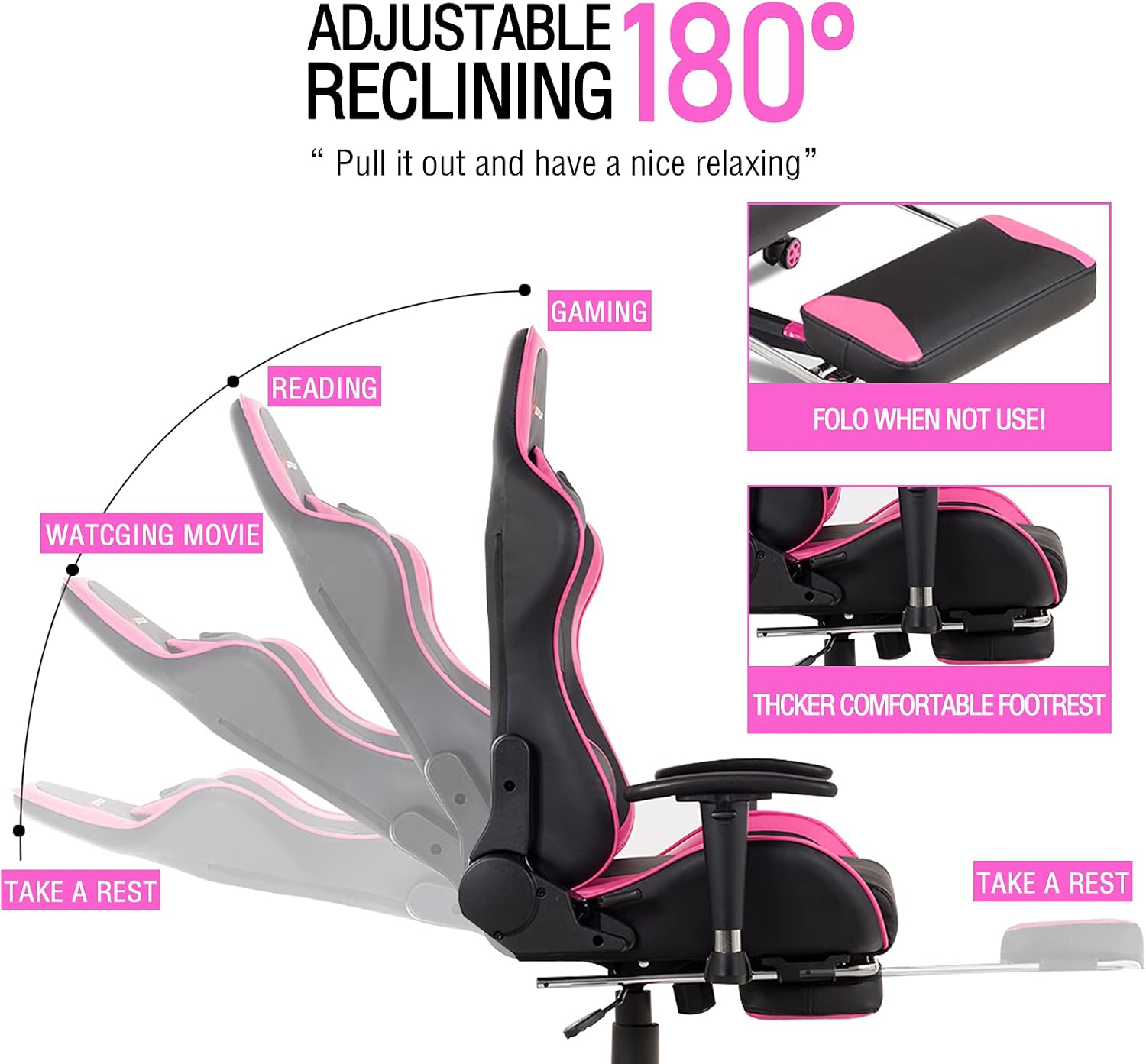 POWERSTONE Gaming Chair - Pink Ergonomic Gaming Chair with Footrest for Women Racing Esports Computer Chair High-Back Lumbar Massage Leather Recliner Rolling Swivel Chair (Pink)