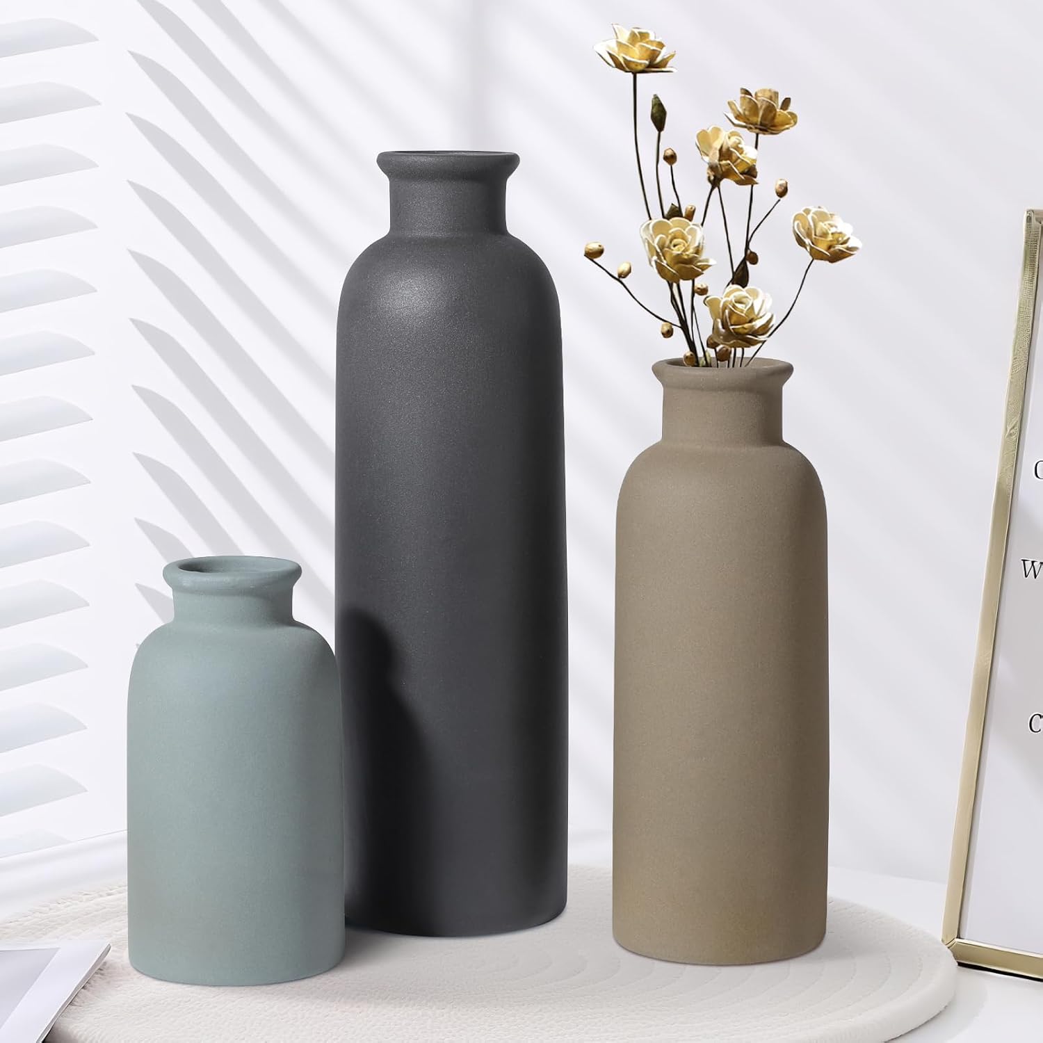 Small Ceramic Vase Set of 3, Boho Modern Flower Vase Room Decor, Farmhouse Decor, Vases for Your Kitchen, Bathroom, Bedroom, Living Room, Office&Shelf Centerpiece Table Decorations Multicolor