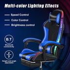 Gaming Chair, Computer Chair with Footrest and Lumbar Support, Height Adjustable Game Chair with 360° Swivel Seat and Headrest, High Back Office Chair with Bluetooth Speakers and LED Lights Blue