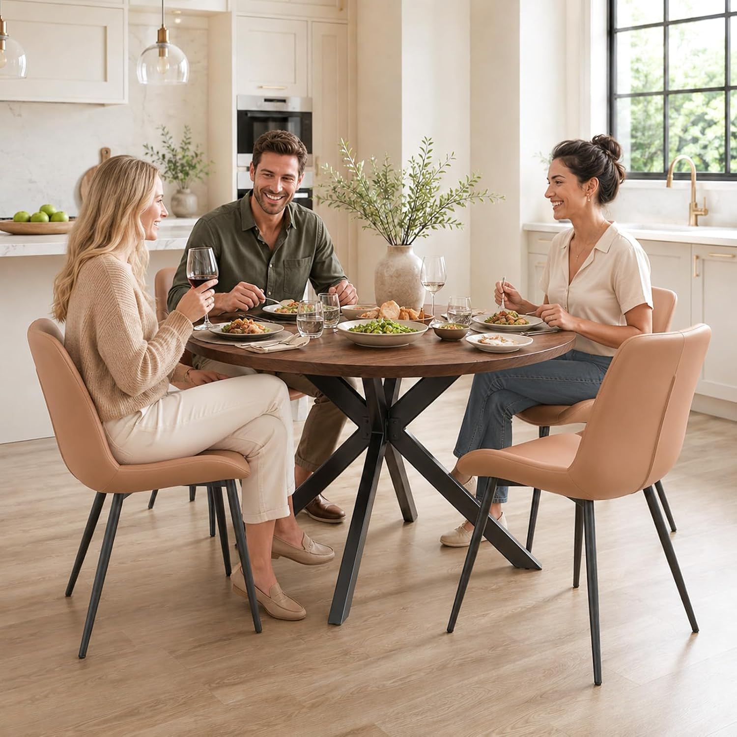 Modern Dining Chairs Set of 4, Faux Leather Modern Mid-Century Kitchen Chairs with Ergonomic Backrest & Heavy Duty X-Shape Base Metal Legs, Kitchen Chairs for Home Cafe,Brown