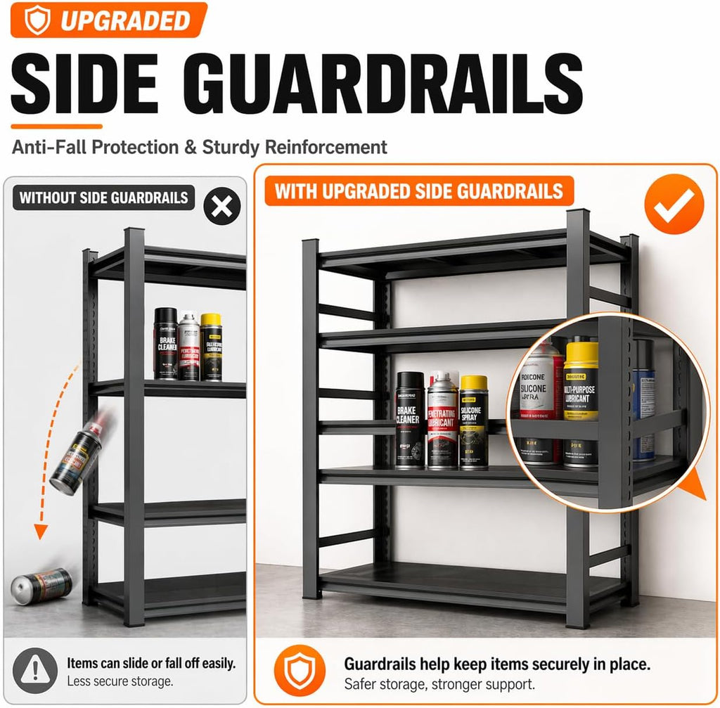 Upgrade 72" H Garage Shelving Unit, 3500LBS Heavy Duty 5-Tier Metal Storage Shelves with Anti-Fall Rails, Adjustable Industrial Steel Rack, Pantry Kitchen Basement Warehouse