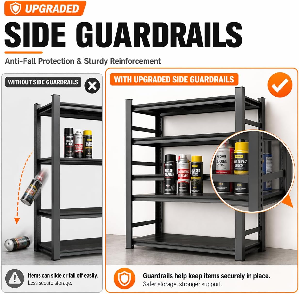 Upgrade 72" H Garage Shelving Unit, 3500LBS Heavy Duty 5-Tier Metal Storage Shelves with Anti-Fall Rails, Adjustable Industrial Steel Rack, Pantry Kitchen Basement Warehouse