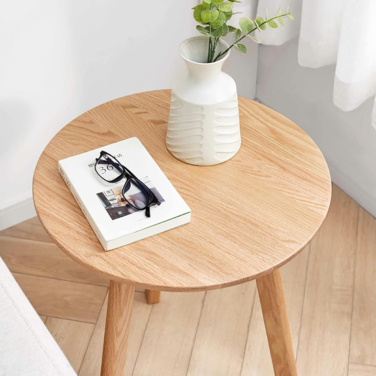 Round End Table for Living Room Coffee Side Table, Durable All Natural Solid Oak Wood Side Table for Living Room, Bedroom, Balcony, Easy to Maintain (Natural)