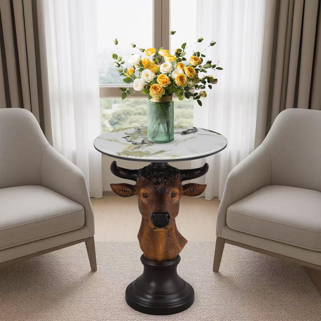 Bull Head Accent Side Table - End Table with Faux Marble Top Unique Cow Statue Decor for Living Room Bedroom Entryway Elegant Animal Sculpture Modern Classical Decoration, Brown