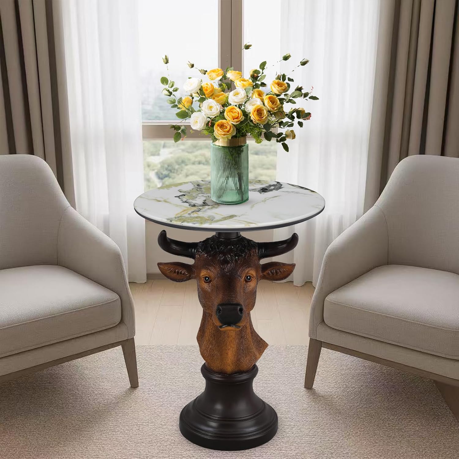 Bull Head Accent Side Table - End Table with Faux Marble Top Unique Cow Statue Decor for Living Room Bedroom Entryway Elegant Animal Sculpture Modern Classical Decoration, Brown