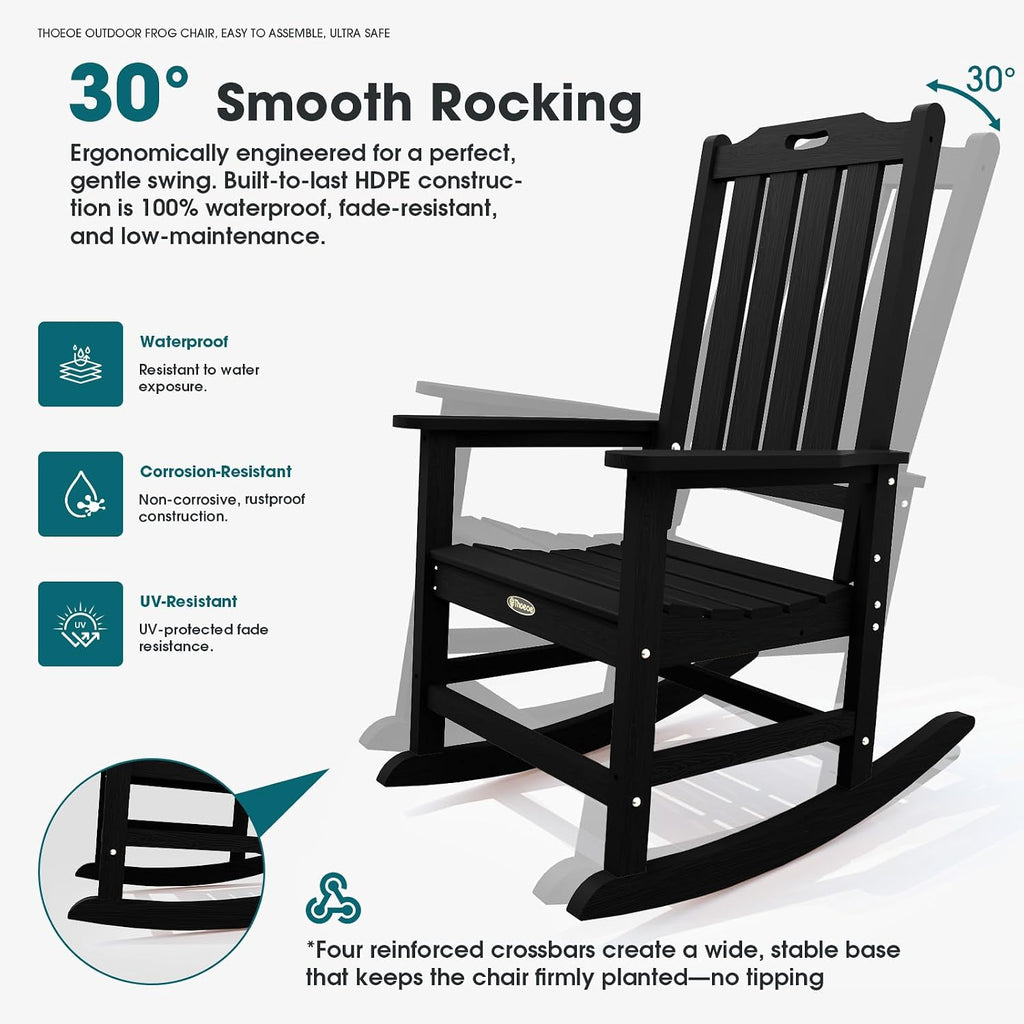 THOEOE Outdoor Rocking Chairs, Oversized Patio Rocking Chair | HDPE Outdoor Rockers for Front Porch, Patio, Backyard, Balcony and Garden. All-Weather High Back Design, Black