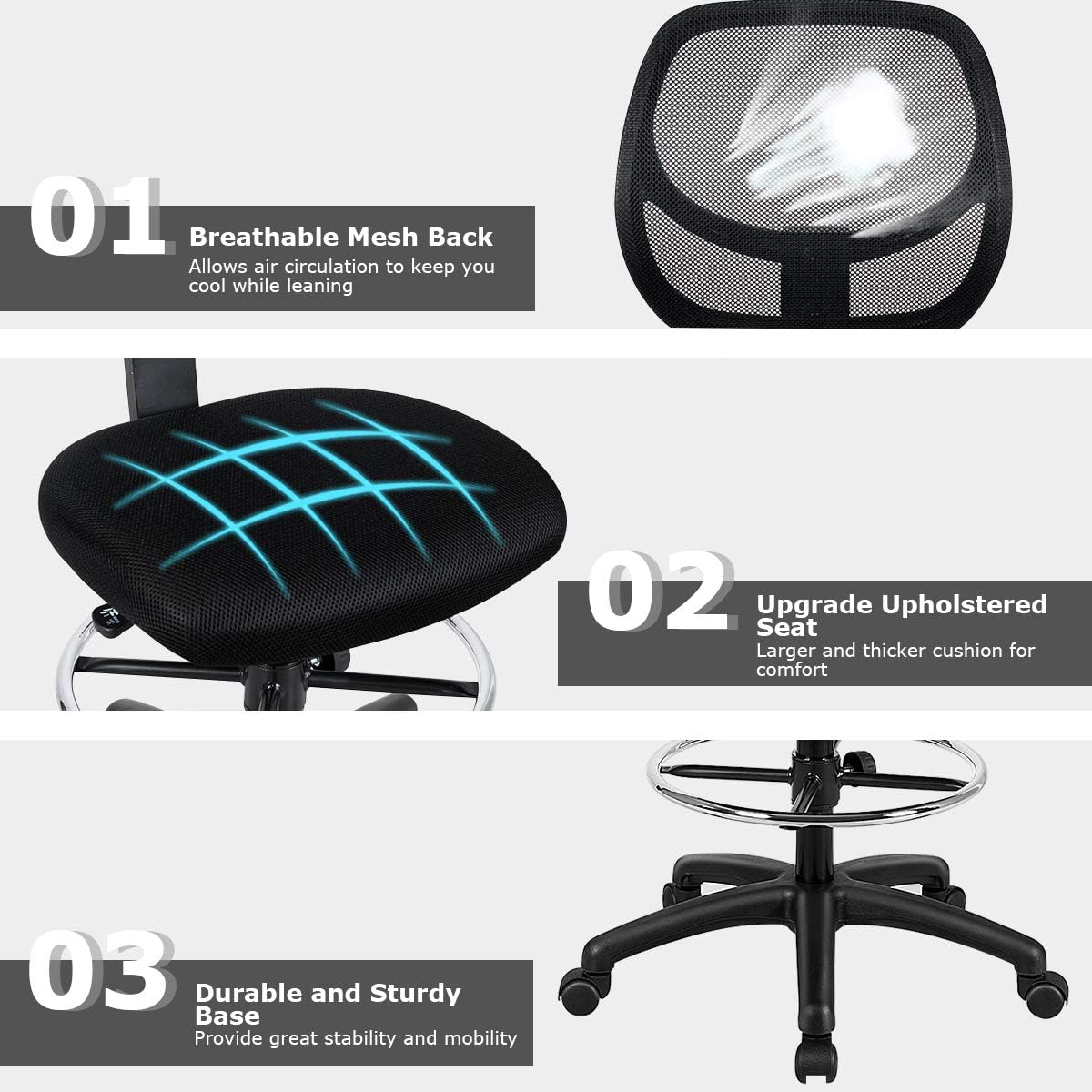 DORTALA Mesh Drafting Chair, St&ing Desk Chair w/Footrest Ring, Adjustable Height Chair Mid Back Tall Office Chair for Home Office, Black