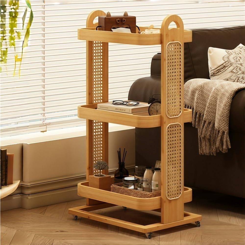 Rolling Sofa Table with Wheels Bamboo Rattan 2/3 Tier End Table Slim Rolling Cart for Kitchen Room Living Room Lightweight(Natural,L)
